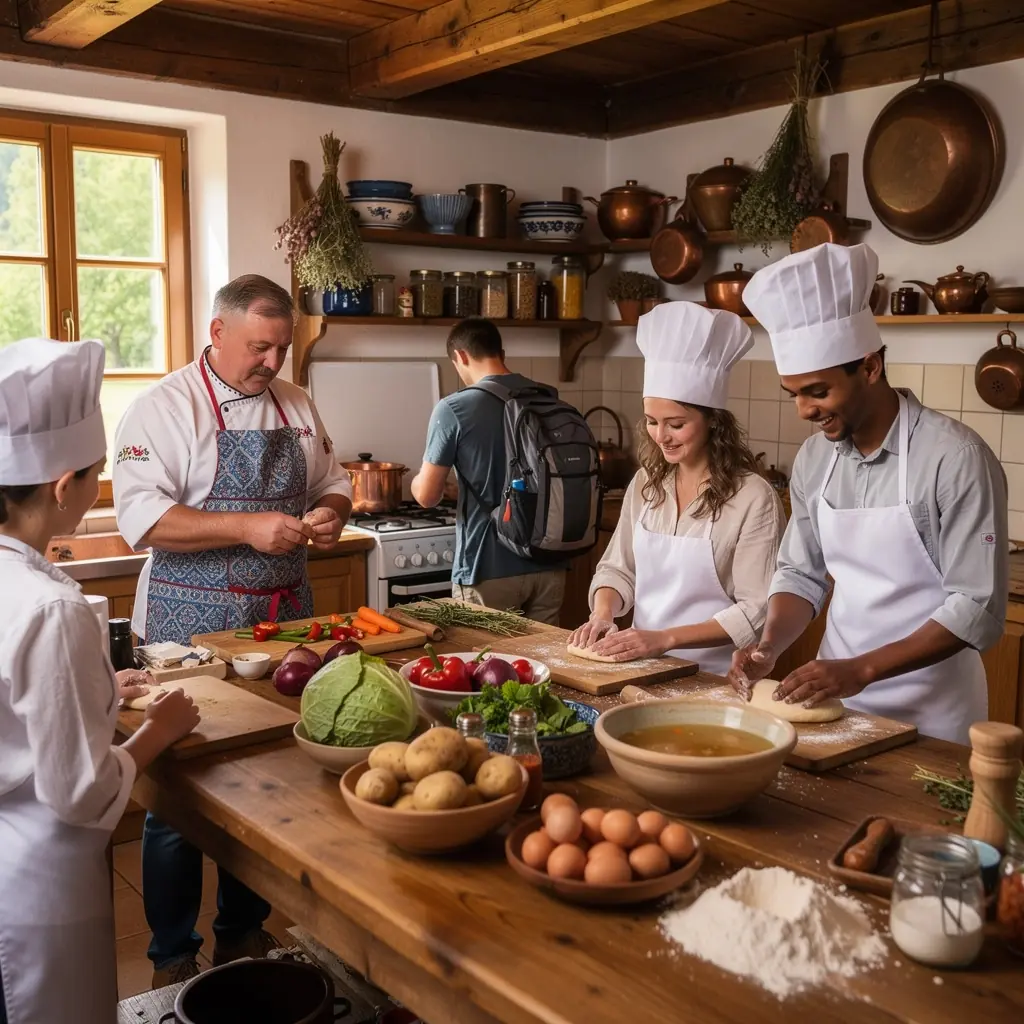 A scenic river cruise on the Danube, with views of iconic landmarks along the waterfront at sunset.