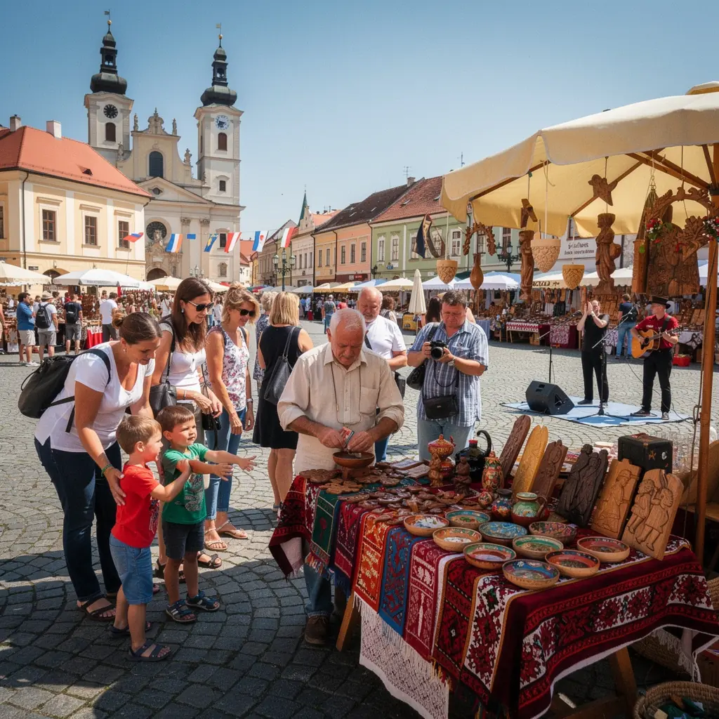 An inviting café in a quaint Slovak village, featuring outdoor seating filled with visitors enjoying local cuisine.