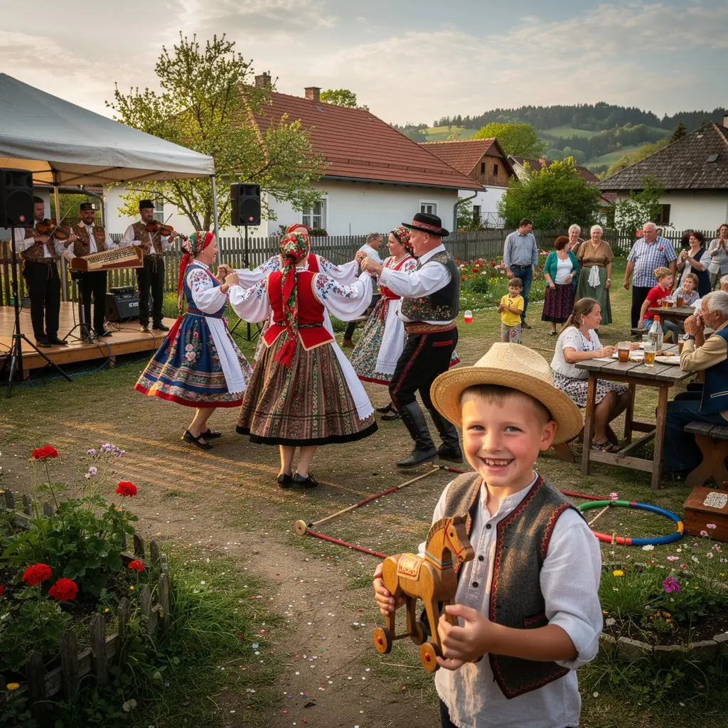 A bustling market scene in Košice with local vendors selling traditional Slovak foods and handmade crafts.
